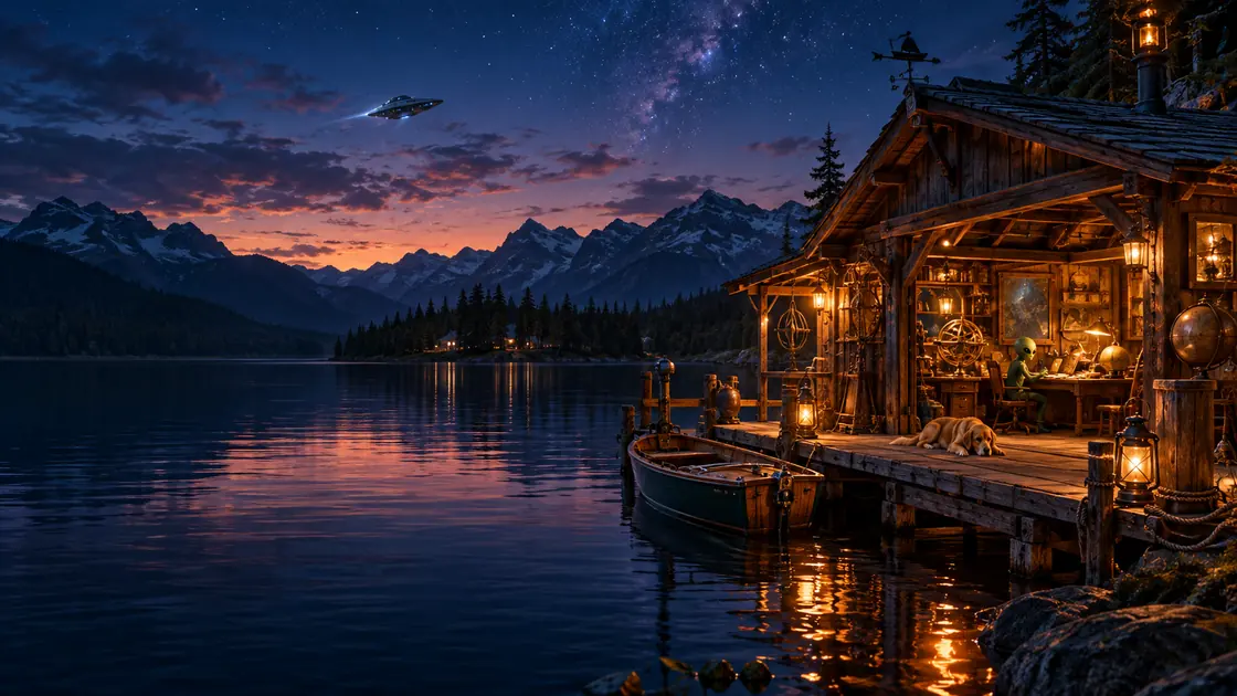 A cinematic dusk scene: rustic lakeside Boathouse with glowing lanterns, a spaceship over the mountains, and a quiet researcher inside