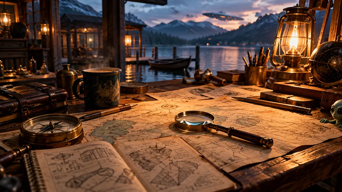 Investigation notes, map, magnifying glass, and lamp on a rustic desk at the lake