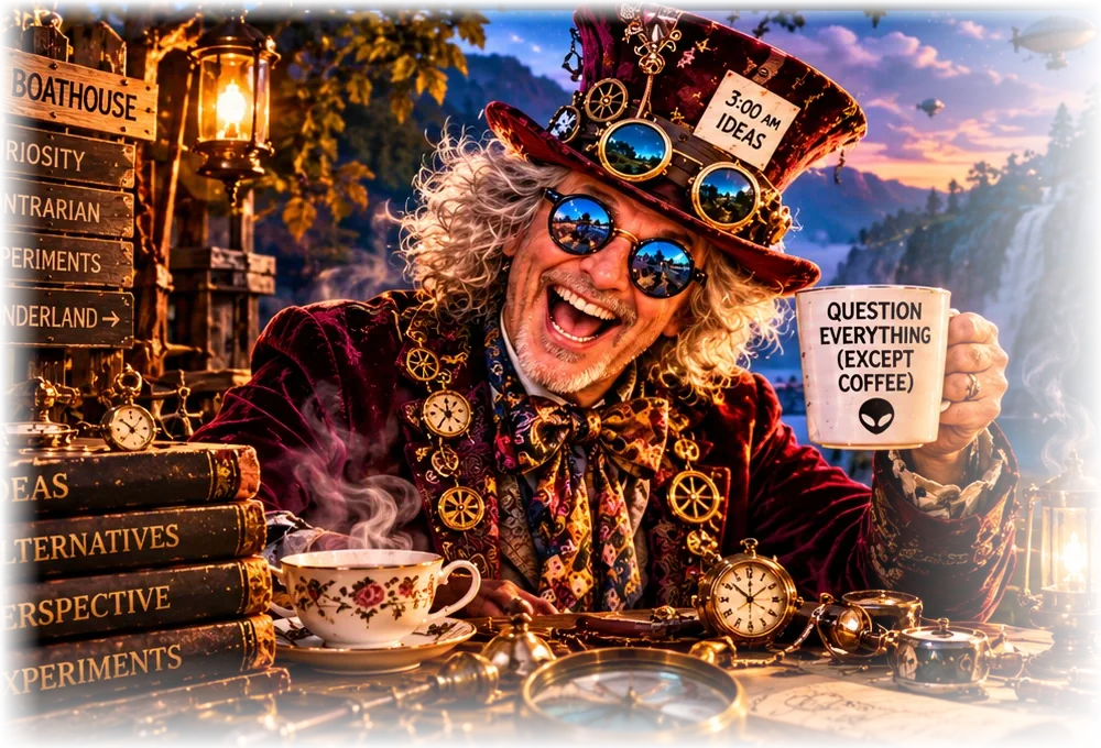 Silver-haired Mad Hatter in a burgundy gear-adorned hat and mirrored glasses, grinning while holding a coffee mug at his Wonderland workshop