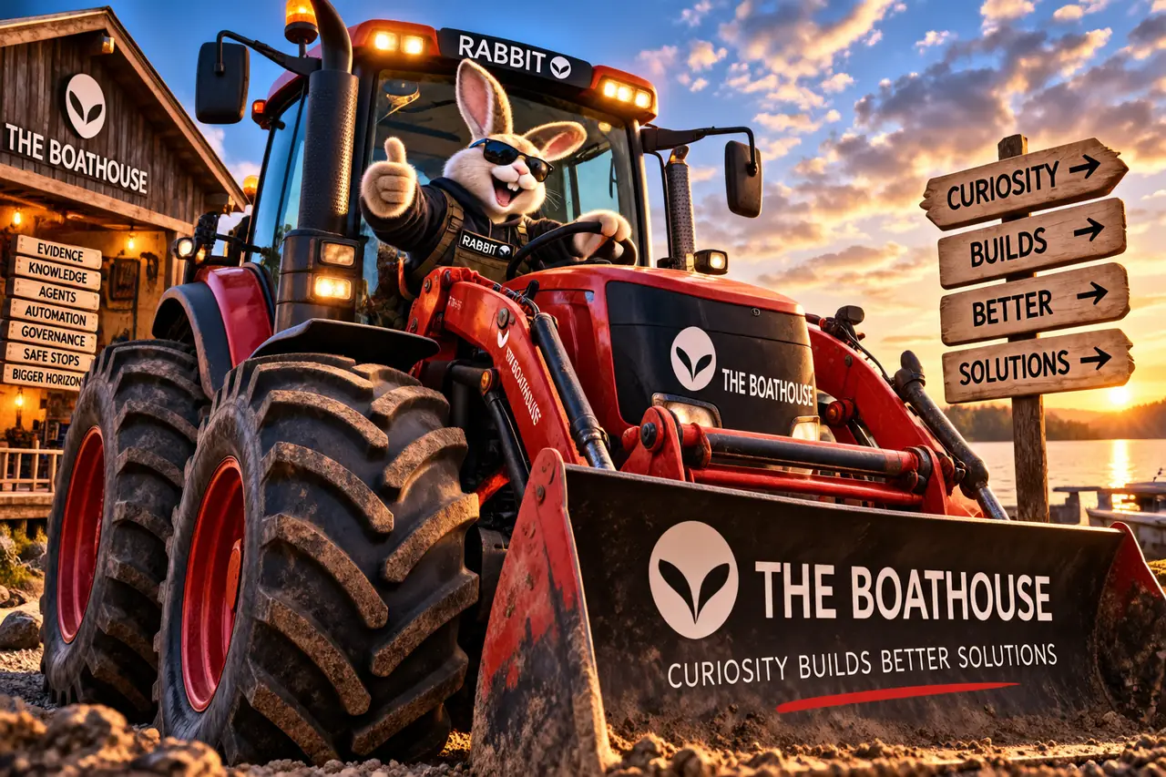 Fictional Caffeinated Rabbit wearing sunglasses and driving a red Boathouse tractor at sunset beside a curiosity signpost